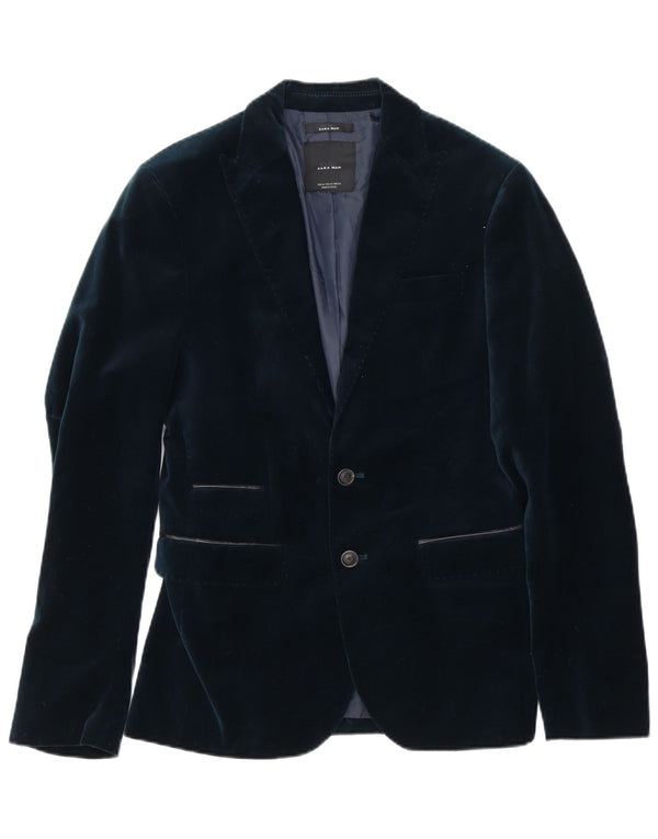 Zara Jaqueta blazer masculina de veludo com 2 botões UE 46 pequena azul marinho poliéster
