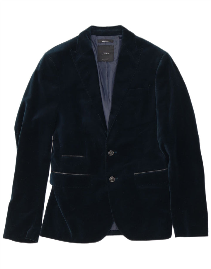 Zara Jaqueta blazer masculina de veludo com 2 botões UE 46 pequena azul marinho poliéster