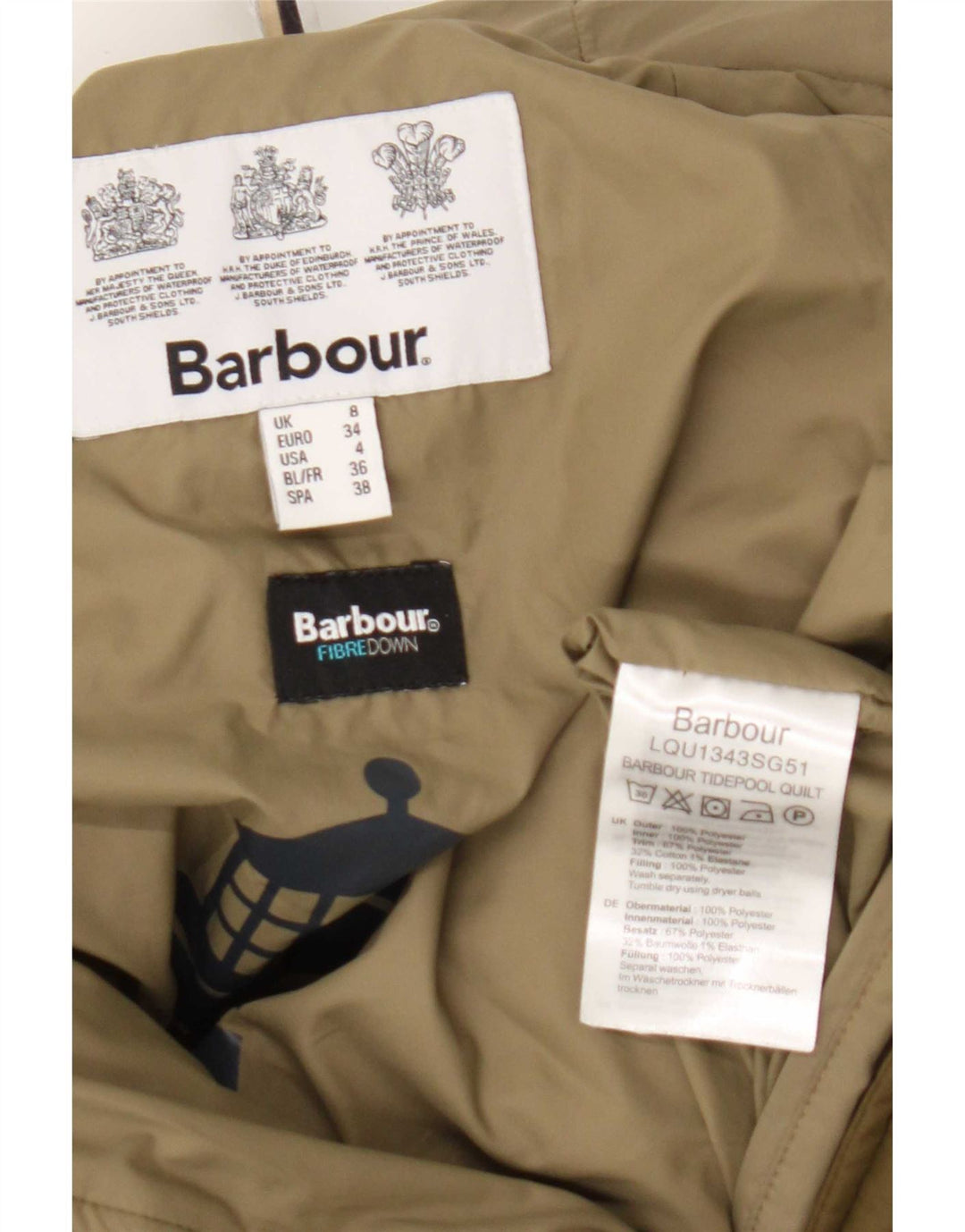 Jaqueta acolchoada de grandes dimensões com capuz feminino Barbour UK 8 poliéster verde pequeno