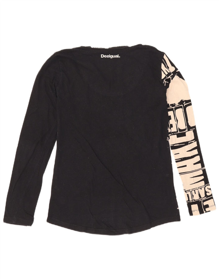 Top gráfico feminino Desigual manga comprida UK 12 algodão preto médio