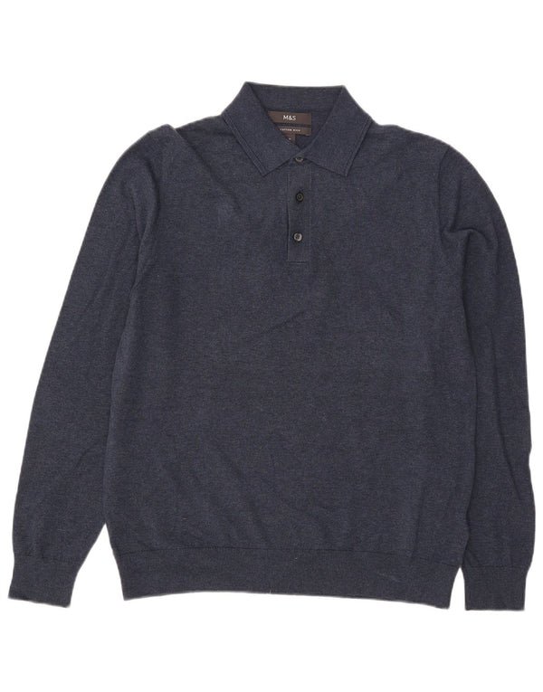 Suéter masculino Marks & Spencer com gola polo e algodão azul marinho médio
