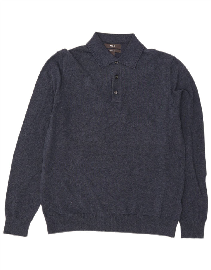 Suéter masculino Marks & Spencer com gola polo e algodão azul marinho médio