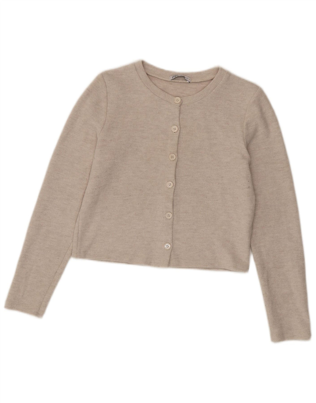 Suéter Zara feminino crop cardigan Reino Unido 12 poliéster bege médio