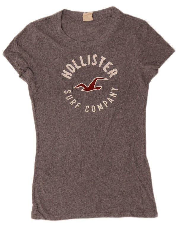 Camiseta feminina gráfica Hollister UK 8 pequena cinza manchada