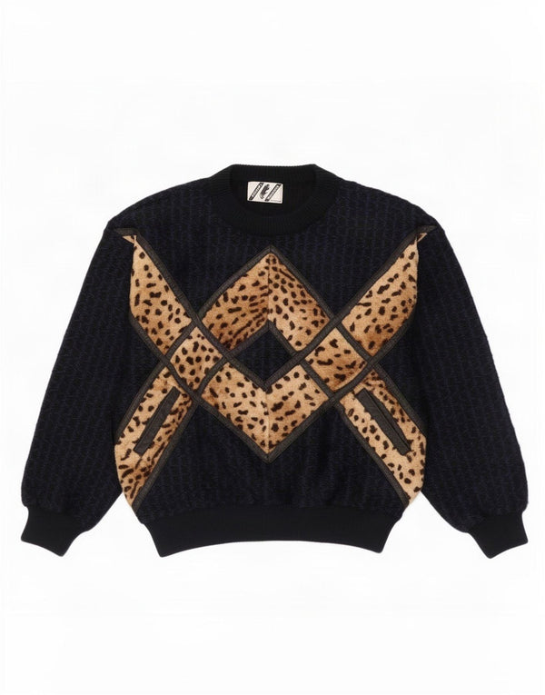 Suéter feminino vintage com gola redonda Reino Unido 16 grande estampa animal preta