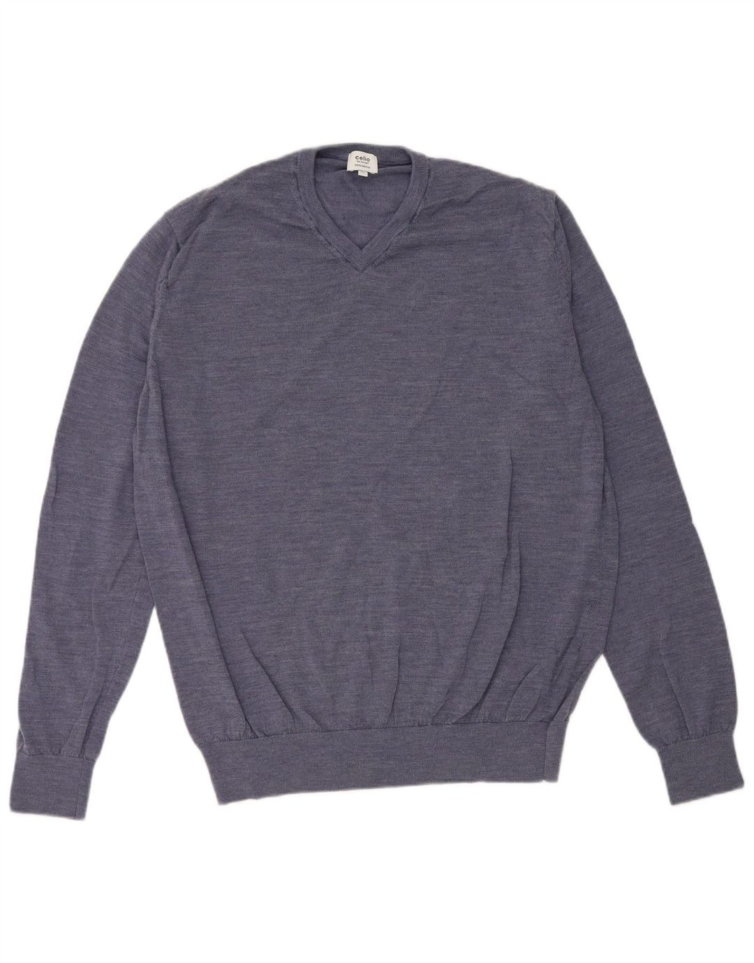 Suéter masculino Celio com decote em V XL lã merino manchada azul