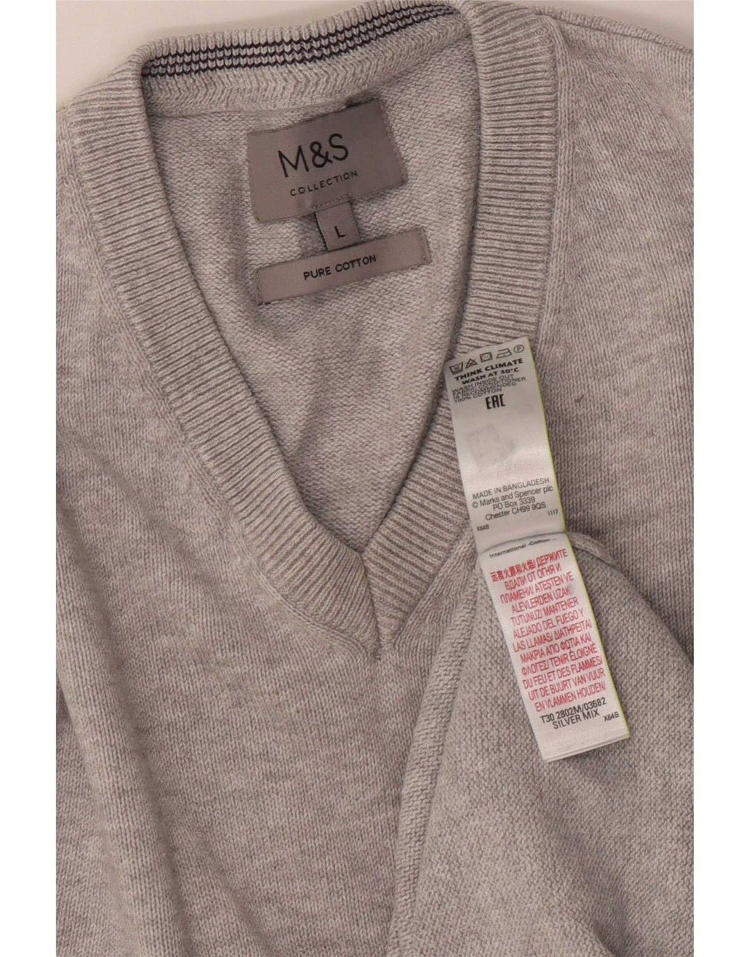 Suéter masculino Marks & Spencer com decote em V grande algodão manchado cinza