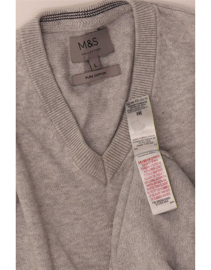 Suéter masculino Marks & Spencer com decote em V grande algodão manchado cinza