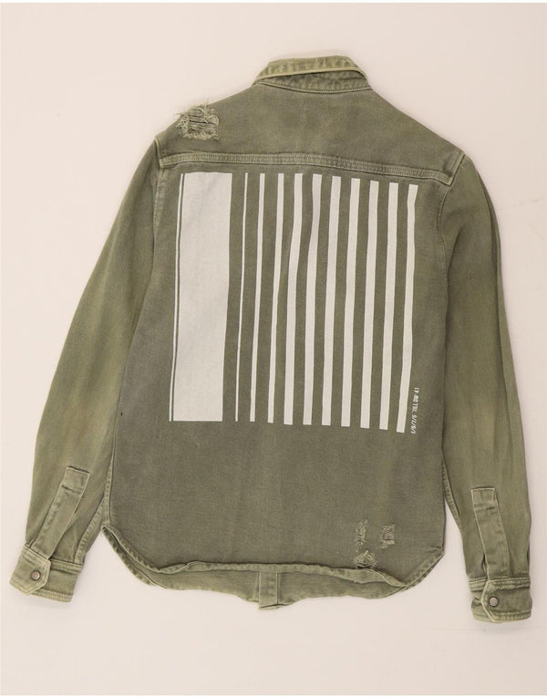Camisa jeans masculina Zara com estampa gráfica envelhecida pequena verde algodão colorblock