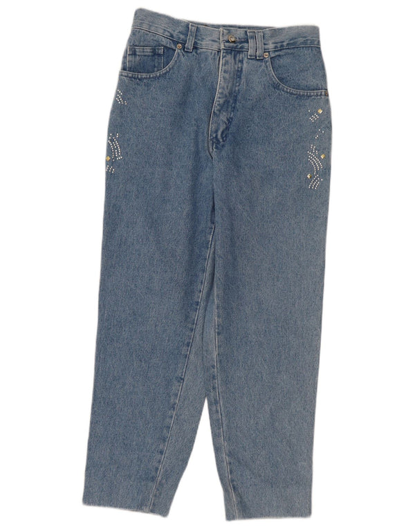Jeans recortados cônicos femininos vintage W28 L25 azul manchado