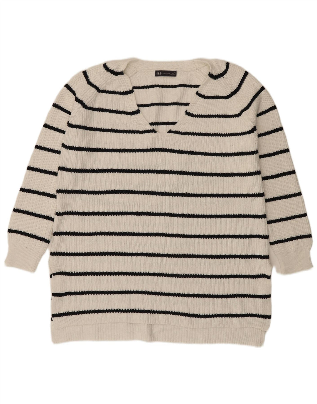 Suéter feminino Marks & Spencer com decote em V UK 14 listrado branco médio