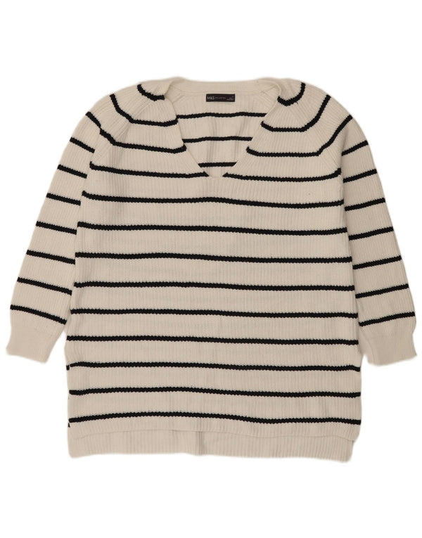Suéter feminino Marks & Spencer com decote em V UK 14 listrado branco médio