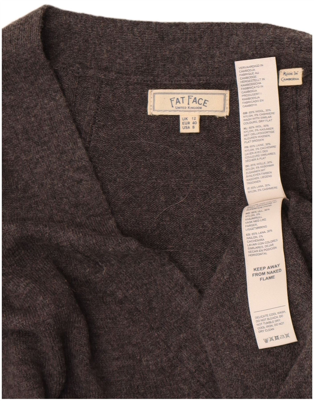 Suéter feminino Fat Face com decote em V grande Reino Unido 12 lã cinza médio
