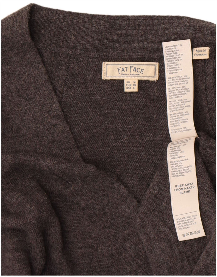 Suéter feminino Fat Face com decote em V grande Reino Unido 12 lã cinza médio