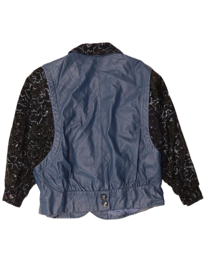 Jaqueta de couro feminina vintage Reino Unido 14 grande azul floral retrô