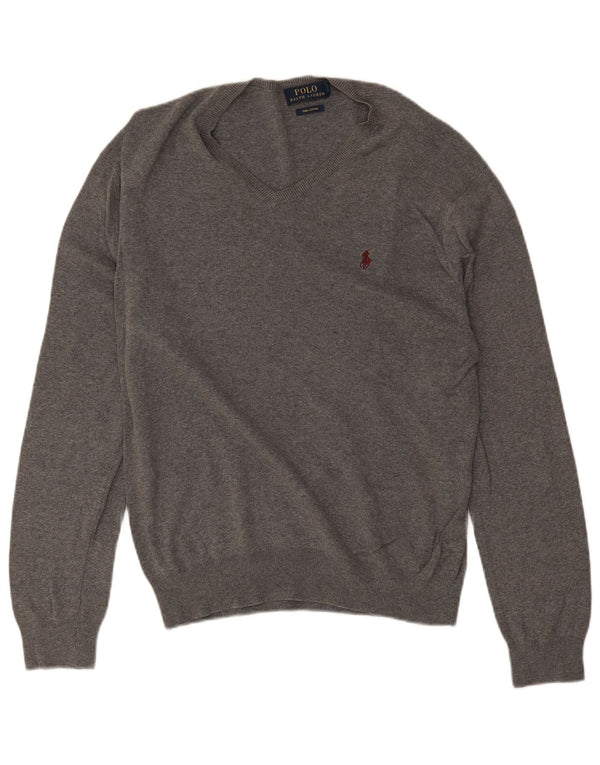 Polo Ralph Lauren Suéter masculino com decote em V pequeno algodão manchado cinza