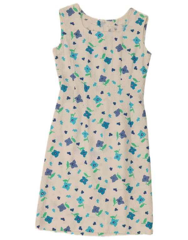 Vestido feminino vintage sem mangas com bainha UK 12 médio branco floral