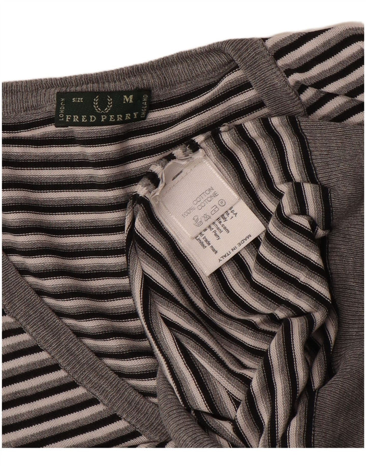 Suéter feminino Fred Perry com decote em V Reino Unido 14 algodão listrado cinza médio