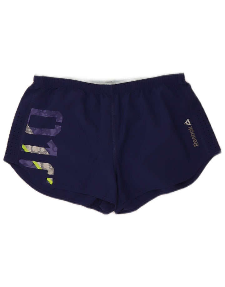 Shorts esportivos gráficos femininos Reebok UK 10 pequeno azul marinho poliéster
