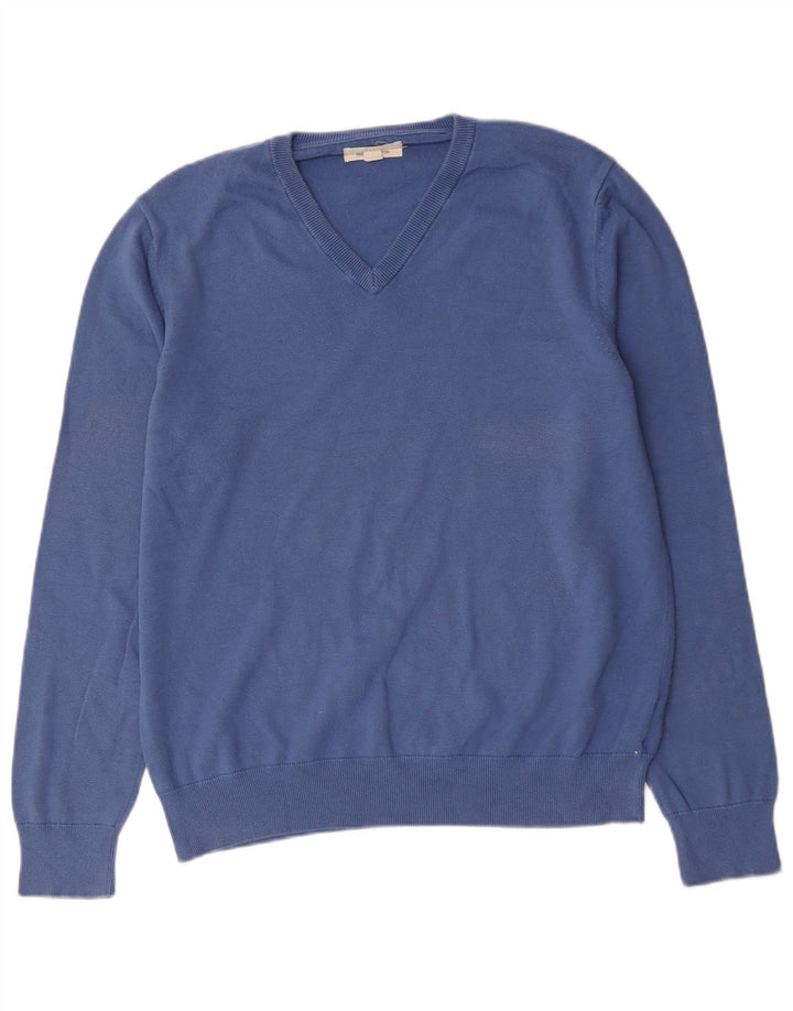 Suéter masculino Marks & Spencer com decote em V grande algodão azul
