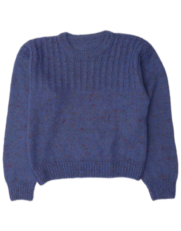 Suéter feminino vintage com gola canoa UK 14 médio azul manchado