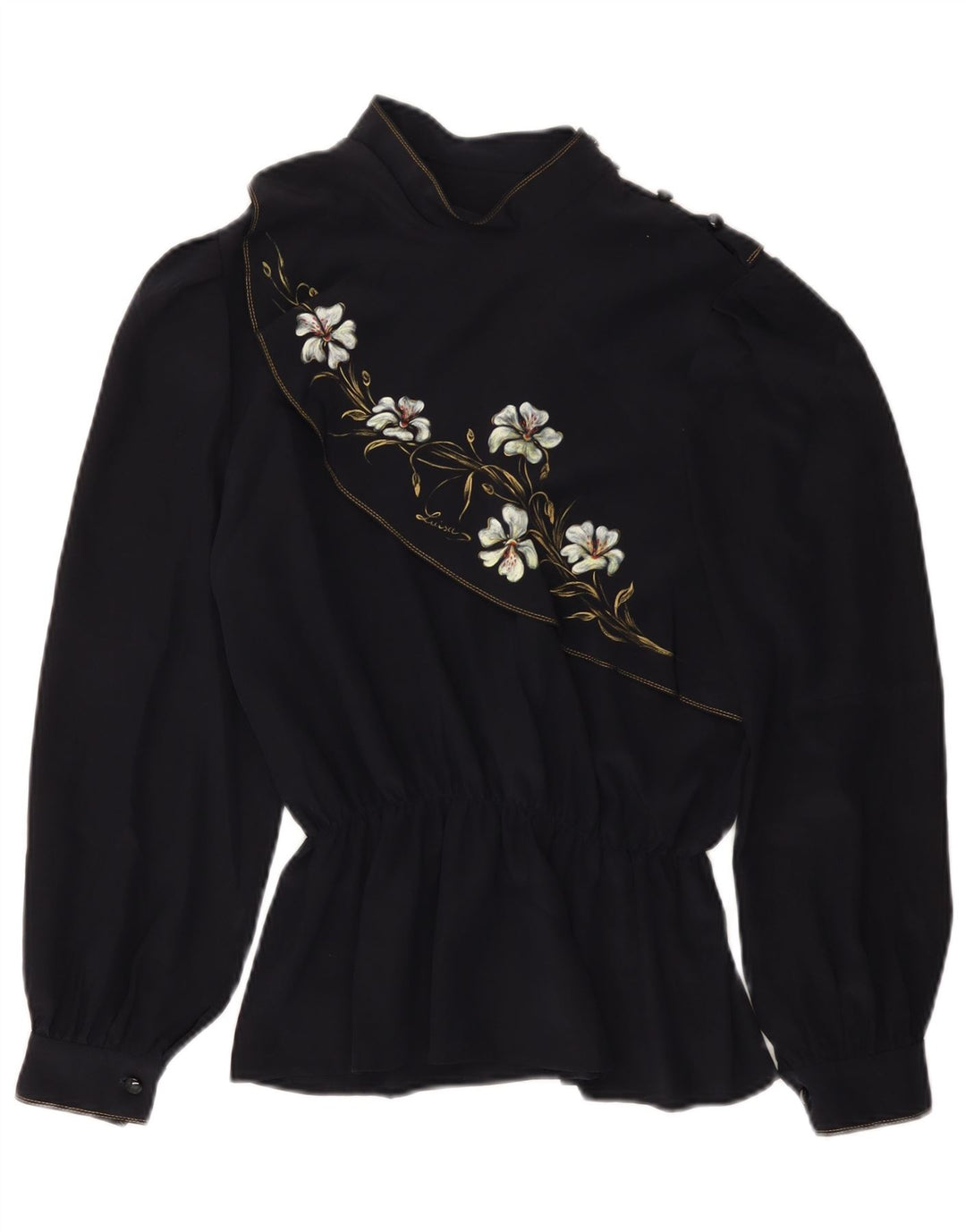 Blusa feminina vintage de manga comprida UK 14 médio azul marinho floral