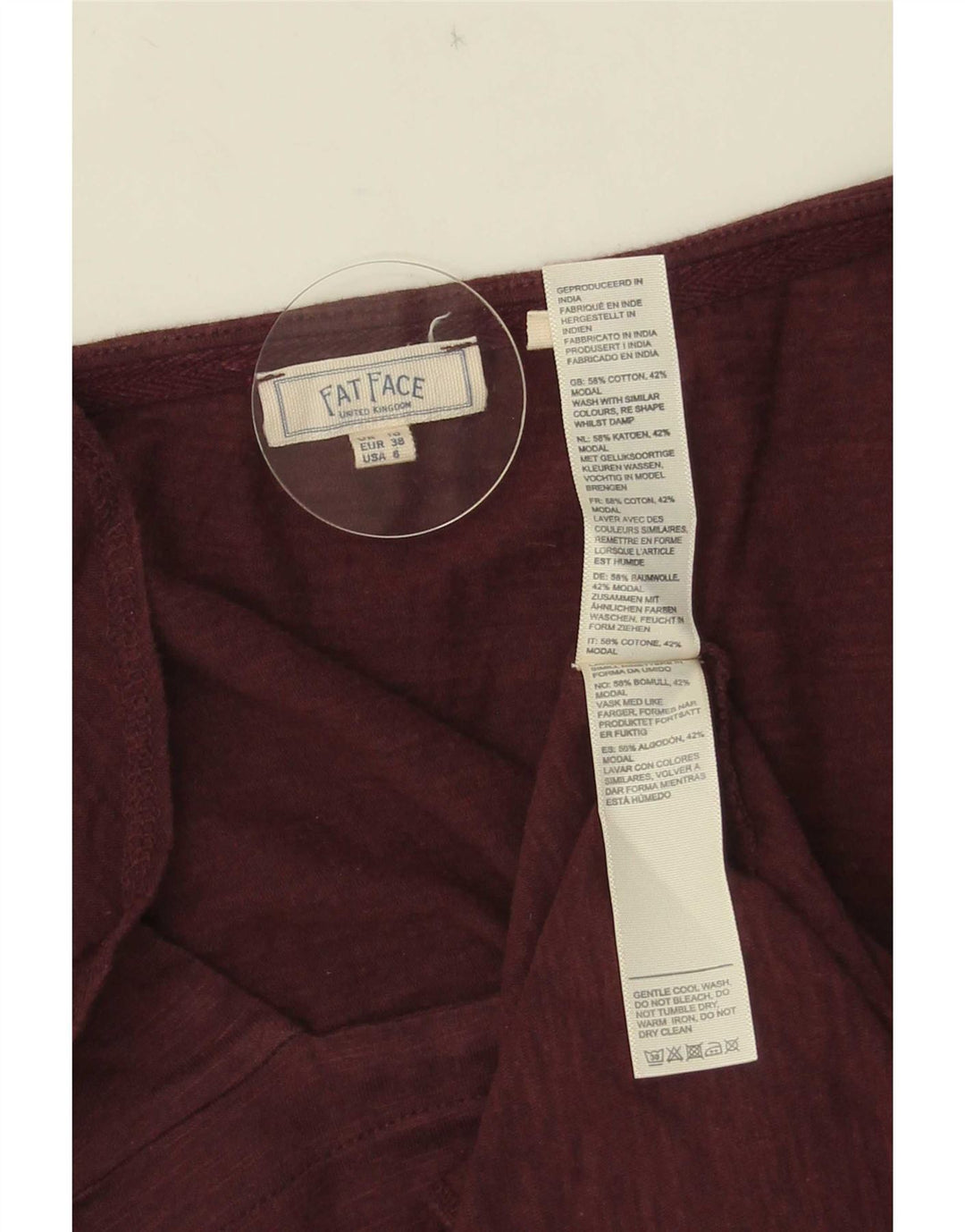 Blusa feminina Fat Face Top Reino Unido 10 algodão pequeno Borgonha