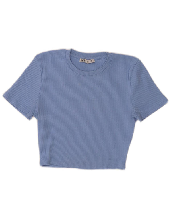 Zara Camiseta Feminina Crop Top UK 12 Algodão Azul Médio