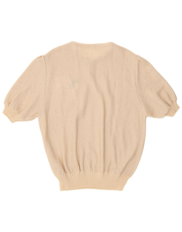 Suéter feminino vintage de manga curta com gola redonda Reino Unido 16 grande bege