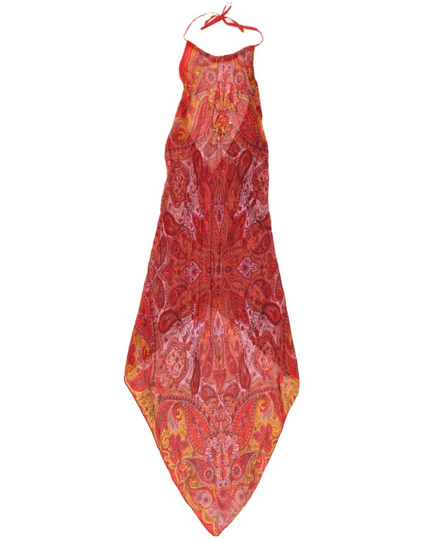 Vestido feminino vintage assimétrico halter UK 8 pequeno vermelho paisley seda