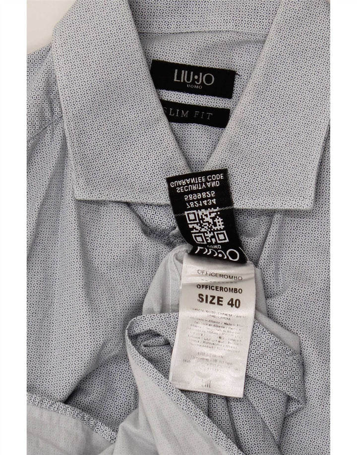 Camisa masculina Liu Jo Slim Fit tamanho 40 algodão geométrico azul médio
