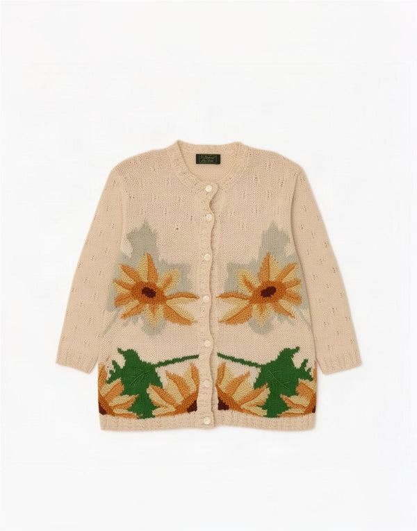 Suéter Cardigan Feminino Vintage UK 14 Médio Bege Floral