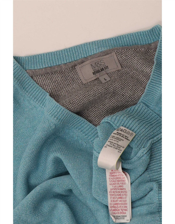 Suéter masculino Marks & Spencer com ajuste regular e decote em V, grande algodão azul