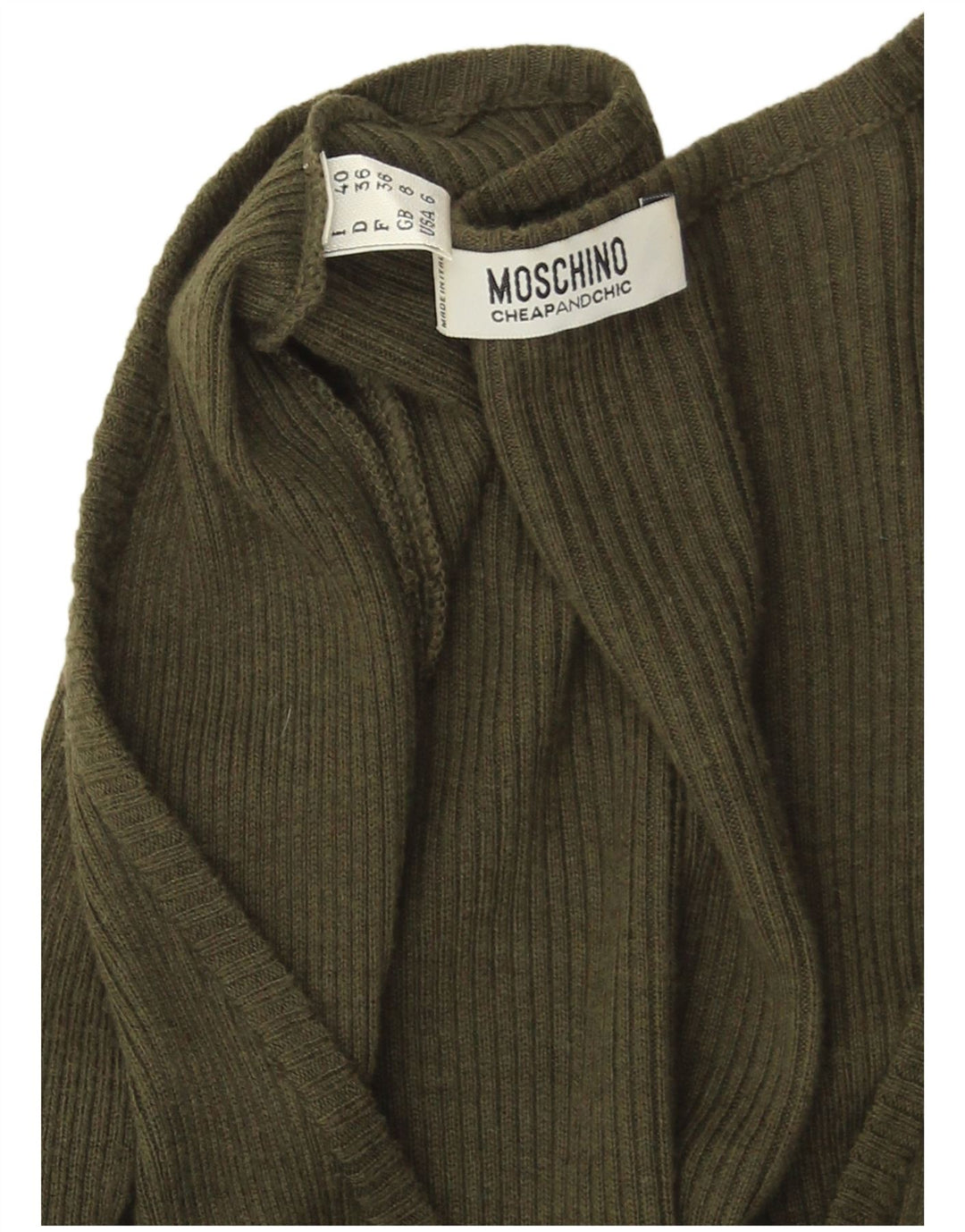 Vestido jumper feminino barato e chique MOSCHINO Reino Unido 8 pequeno cáqui