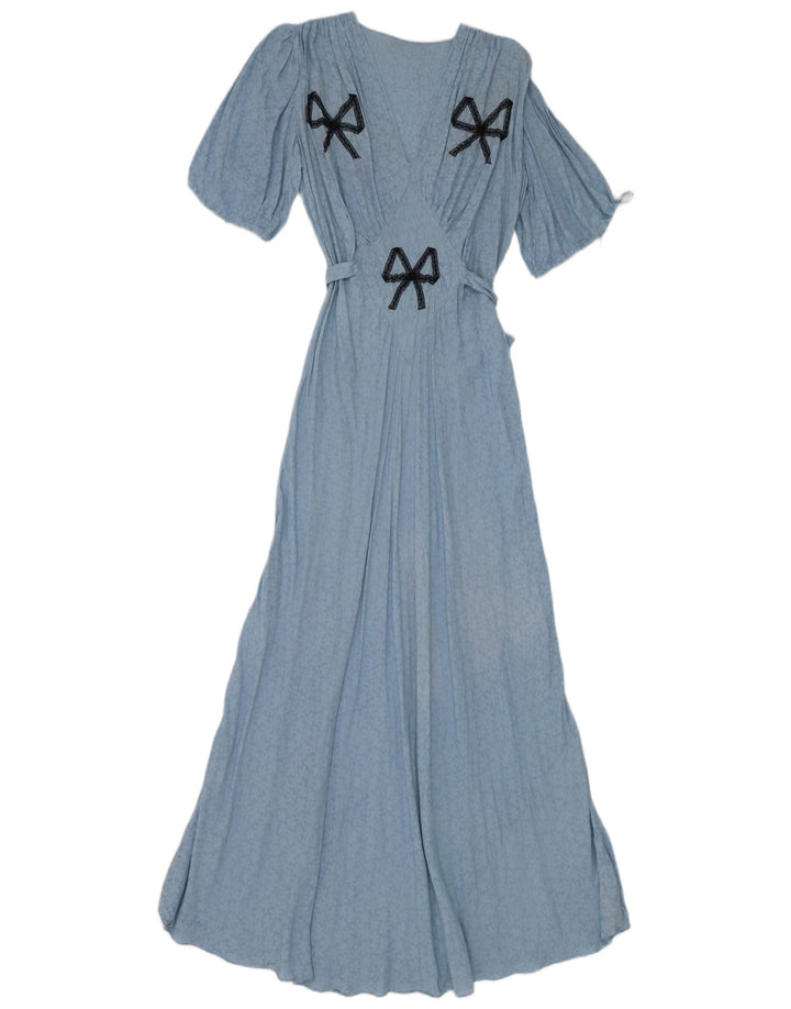 Vestido maxi feminino vintage UK 12 floral azul médio