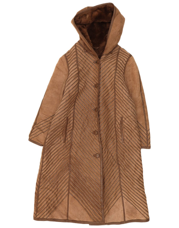 Casaco feminino vintage com capuz e shearling UK 14 listrado bege médio
