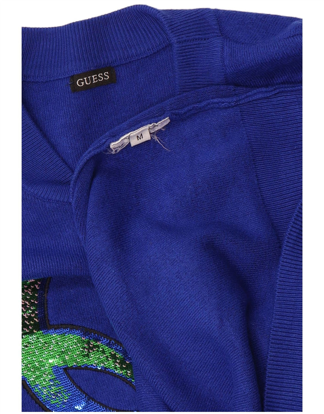 Suéter feminino Guess com gola redonda e estampa gráfica UK 14 azul médio