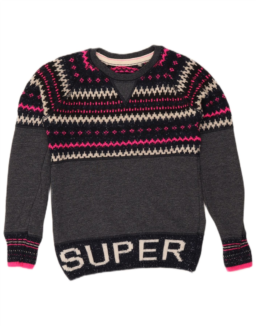 Suéter feminino SUPERDRY com gola redonda UK 6 XS azul marinho Fair Isle