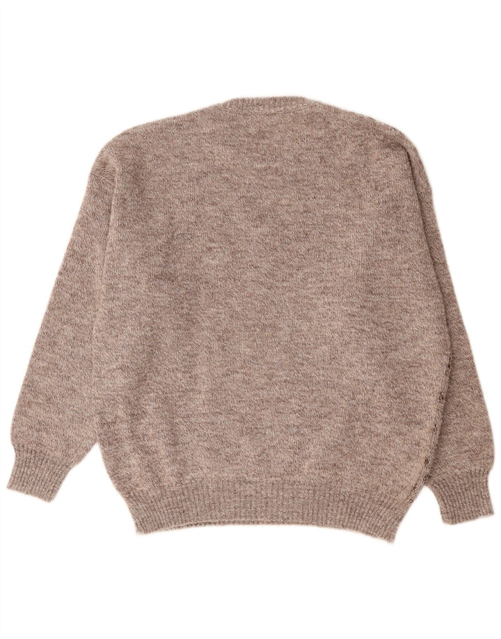Suéter vintage masculino com gola redonda grande marrom geométrico