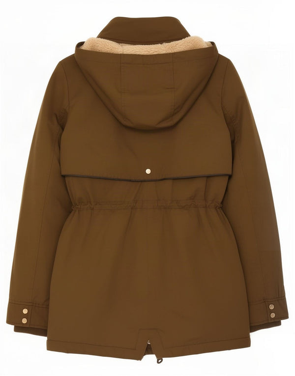 Jaqueta feminina Zara Trafaluc com capuz Sherpa Parka Reino Unido 6 XS cáqui poliéster