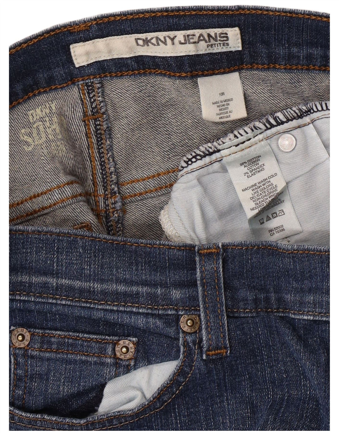 Calça jeans feminina DKNY Petites Bootcut US 10 grande W30 L26 algodão azul