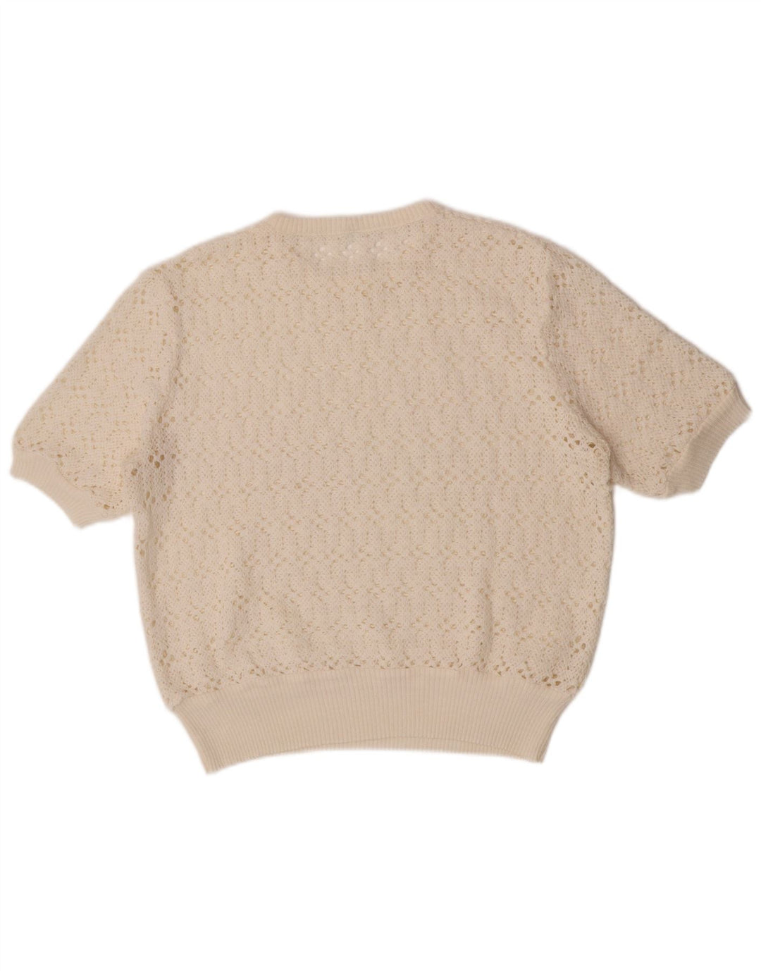 Suéter feminino vintage de manga curta com gola redonda UK 12 médio off white