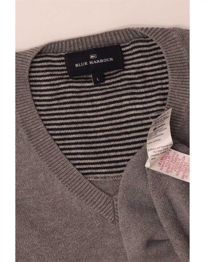 Suéter masculino Marks & Spencer Blue Harbor com decote em V, grande algodão cinza