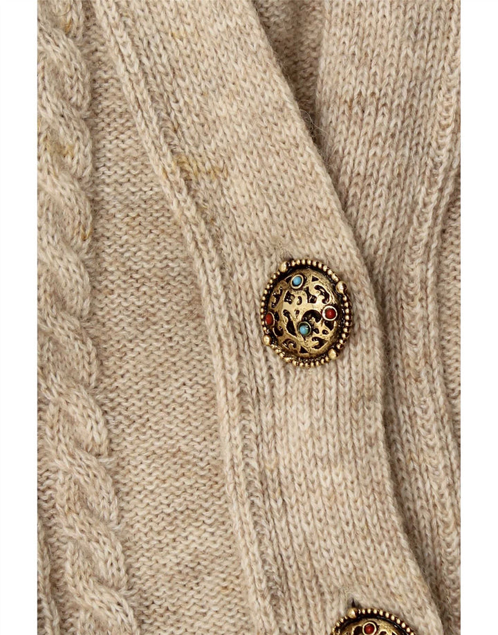 Suéter cardigã feminino vintage grande Reino Unido 14 lã bege médio