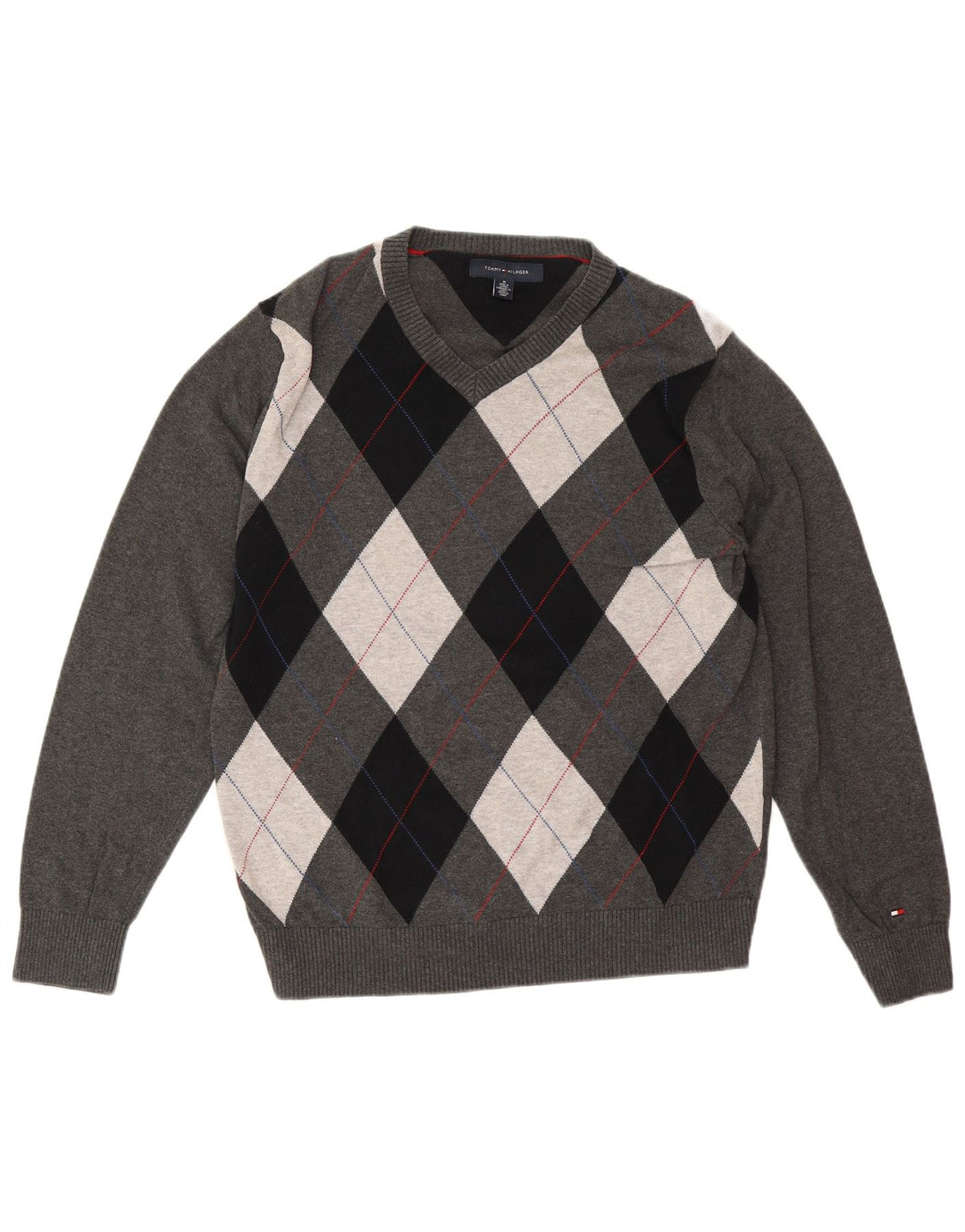 Tommy Hilfiger Suéter masculino com decote em V cinza médio Argyle/algodão diamante