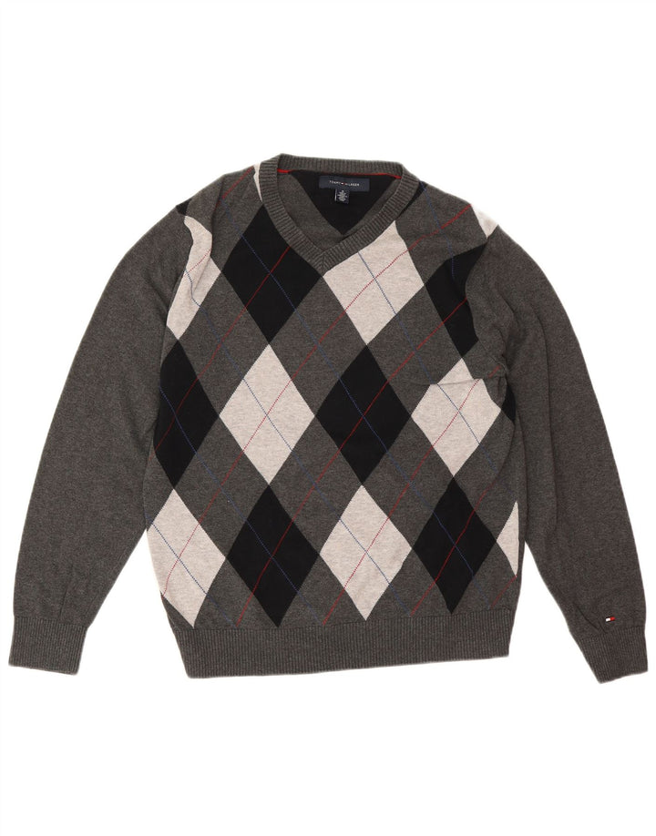 Tommy Hilfiger Suéter masculino com decote em V cinza médio Argyle/algodão diamante