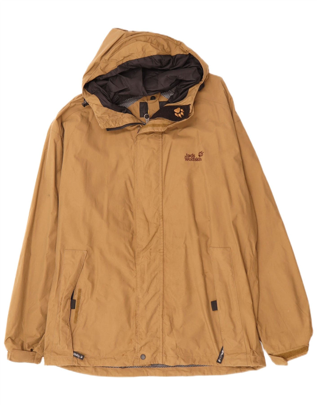 Jaqueta de chuva masculina Jack Wolfskin com capuz Reino Unido 40/42 grande poliamida bege