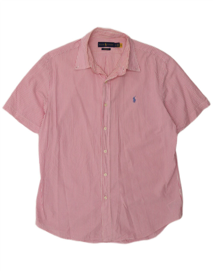 Camisa masculina de manga curta com ajuste personalizado RALPH LAUREN grande algodão listrado rosa