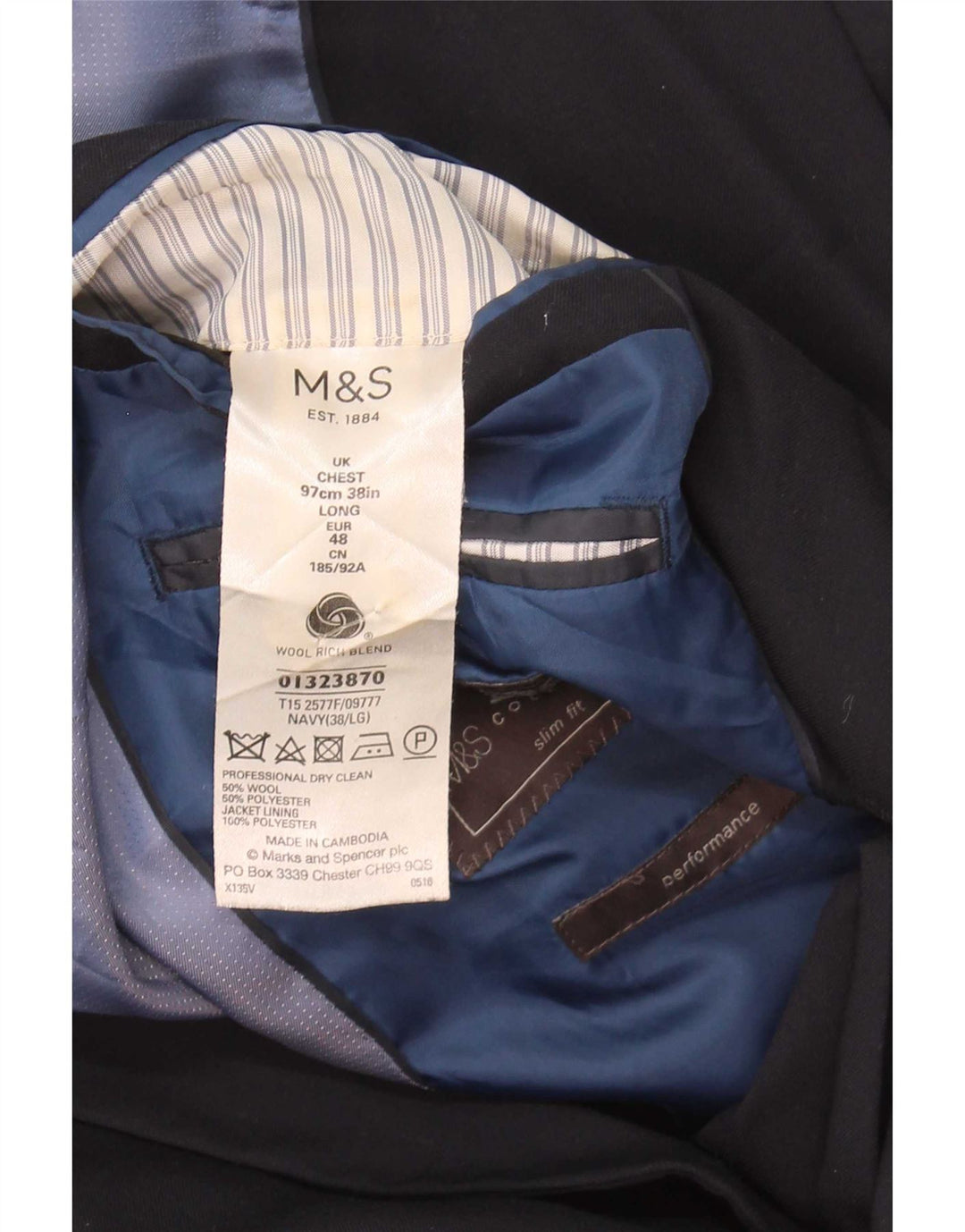 Jaqueta blazer masculina de 2 botões Marks & Spencer Reino Unido 38 lã azul marinho médio
