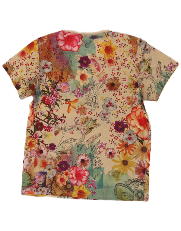 Camiseta feminina gráfica Adidas UK 12 poliéster floral bege médio